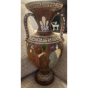 Vtg MidCentury Greek Art Pottery 13.5 " Vase Amphora Shaped Wood Glazed Numbered